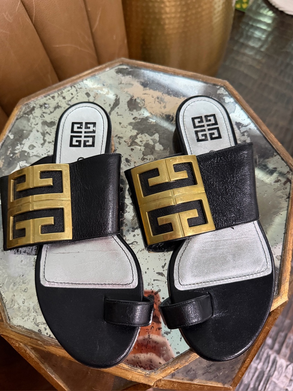 Givenchy Black Leather Slide Sandals with Gold Tone Detail